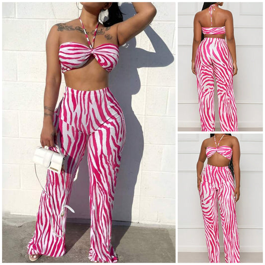 Zebra Striped Halter Top & Flare Leg Pants COCOMONEY