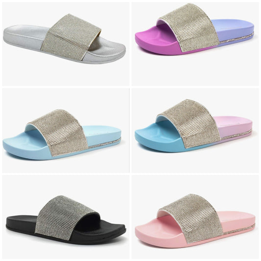 Women's Slides Rhinestone Glitter Slip On Footbed Platform Sandals