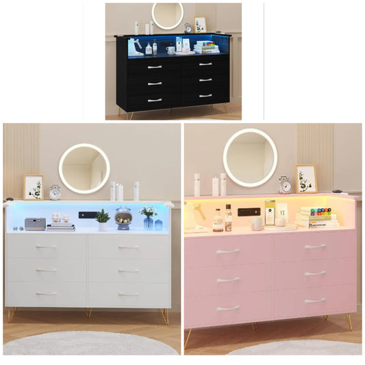 Dresser for Bedroom with LED Light & Power Outet, 6 Drawers Wooden Dressers with 2-Tier Open Space, Modern Chest of Double Wide Drawers for Living Room, Entryway, Hallway TV Stand