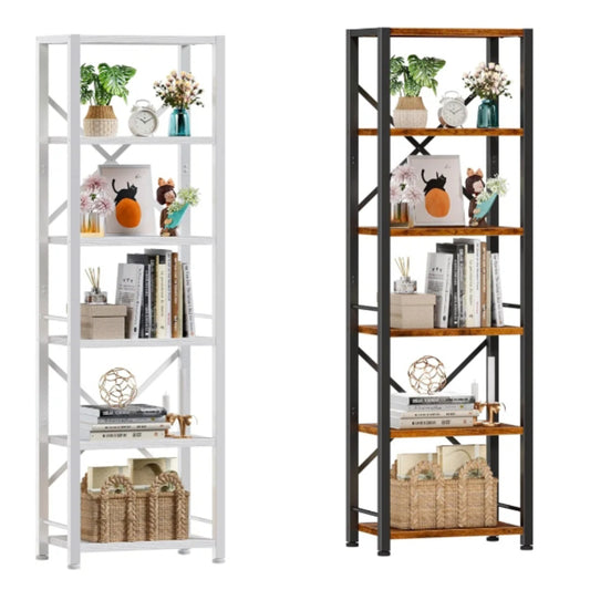 Tall Bookshelf, Narrow Bookcase with 6 Shelves, Modern Freestanding Shelf Units, Metal and Wood Display Storage Corner Rack Organizer for Living Room, Home Office, Hallway, Bathroom