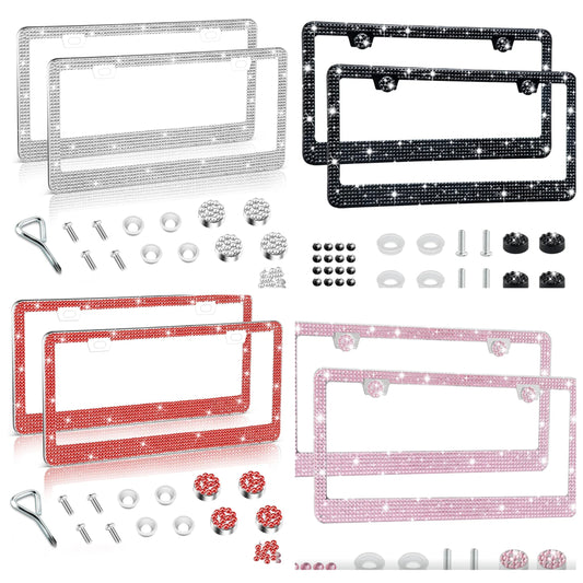 Bling License Plate Frame for Women, 2Pack Rhinestone Handcrafted Crystal Premium Stainless Steel, Stainless Steel Car Accessories with Diamond Sparkle Glitter Caps (
