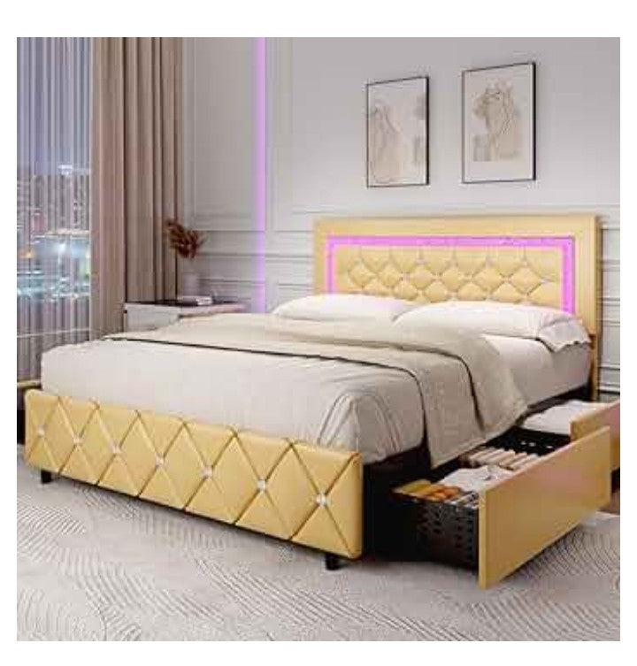 Full Size Bed Frame with LED Lights, Upholstered Bed Frame with Storage Drawers, Princess Platform Bed with Diamond Headboard and Footboard, No Box Spring Needed,