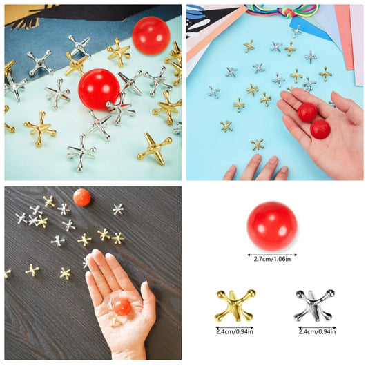 11pcs/ Jacks Set 5 Golden And 5 Silver Plated Metal Hooks + 1 Ball, Classic Vintage Nostalgic Game Of Multi-Player Metal Puzzle Board Game - Desktop Hoop Catch Game Aluminum Alloy rubber