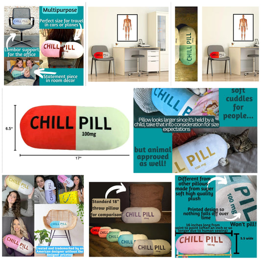 Chill Pill Pillow - Cervical Neck Pillow, Calming Corner Classroom Must Haves Bolster Throw Pillows, College Dorm, Boho Classroom Decor, Lumbar Support Pillow, Home Office Preppy Stuff polyester