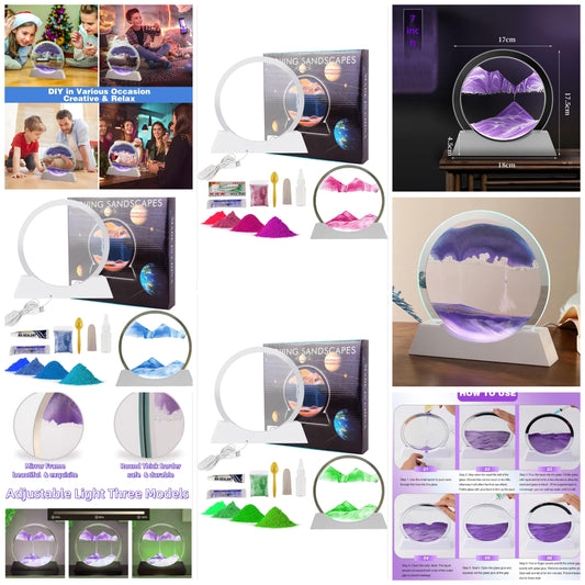 Moving Sand Art Picture in Motion DIY Kit, Round Glass 3D Deep Sea Sandscapes with Display Flowing Sand Frame for Relaxing Desktop Home Office Work Décor, Making kit for kids adults(Purple,7inch)