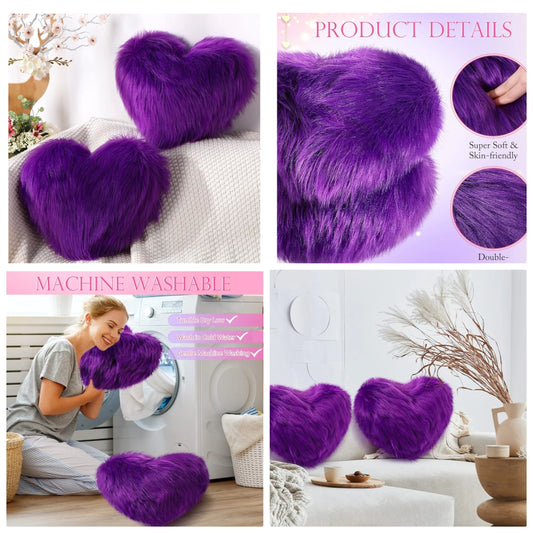 2 Pieces Heart Shaped Pillows Faux Fur Throw Fluffy Cute Soft Throw Pillows Decorative with Insert for Bedroom Living Room Sofa Couch, 12 x 16 Inch(Violet)
