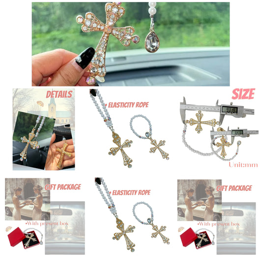Car Hanging Ornament Cross for Car Mirror Hanging Car Rosary for Rear View Mirror Accessories with Cross Blessing Pendant Car Accessories Interior Decor Alloy Car Decoration Golden 1pc