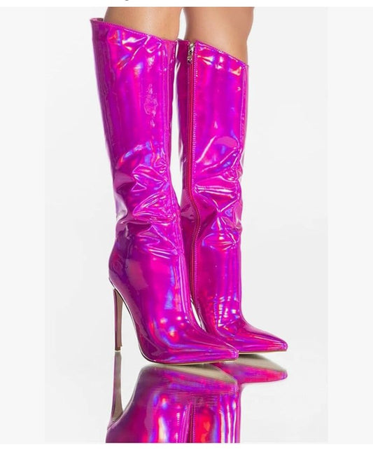 Hot Faux Leather Tall Boots Fashion High Heels Thin Heels Side Zipper Shoes Ladies Winter Pleated Long Boots