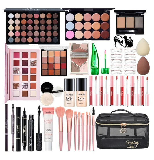 All in One Makeup Kit Full Kit, Make Up Gift Set Makeup Essential Bundle Includes Foundation Face Primer Eyeshadow Contour Palette Lipstick Eyeliner Mascara Cosmetic Brush Set