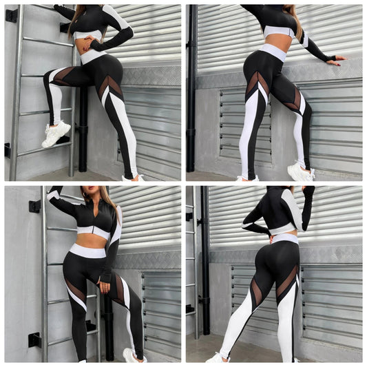 2pcs Colorblock Athletic Suit Running Set Zip Up Sports Jacket & Up Sports Jacket & Leggings Fit Set Workout Women Set Women Workout Set Women Leggings Set COCOMONEY