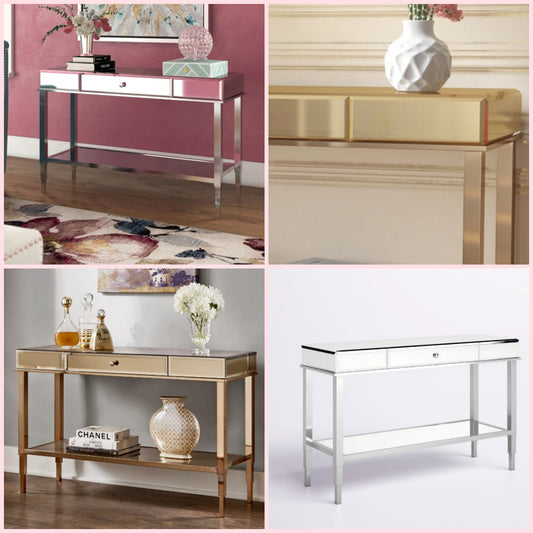 Glass Mirrored Top Console Table in Gold or Silver Tone
