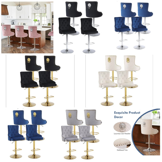 Velvet Swivel Adjustable Bar Stools Set, Modern Counter Height Stools with High Tufted Back,Barstools with Chrome Footrest/Lion Pull Ring/Diamond Pattern,Kitchen Dining Pub Chairs,