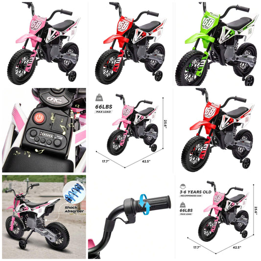 12V Motorcycle Kids With Treaded Tires, 3.1MPH Max Speed, Music & Spring Suspension