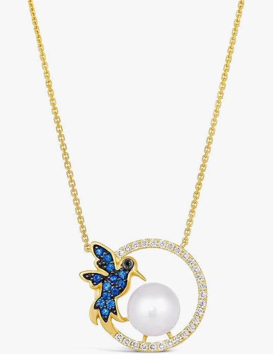 COCOMONEY 1/3 Carat Diamond Pearl, and 1/5 Carat Blue Sapphire Circle Hummingbird Pendant Necklace for Women in 14k Yellow Gold (White/Black, 0.53 cttw) on Adjustable Chain with Lobster Claw Clasp