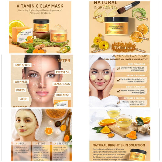 Vitamin C Face Mask with Kaolin Clay and Turmeric for Dark Spots, Dull Skin, Skincare Facial Mask for Controlling Oil and Refining Pores 5.29 Oz
