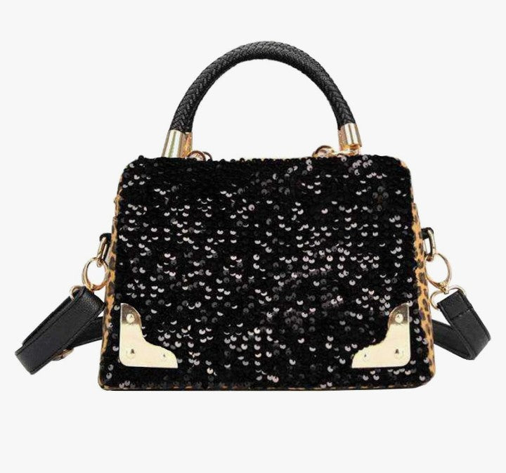 Women's Leopard Print Black Purse Handbag Hobo Style Sequin PU Leather Shoulder Bag