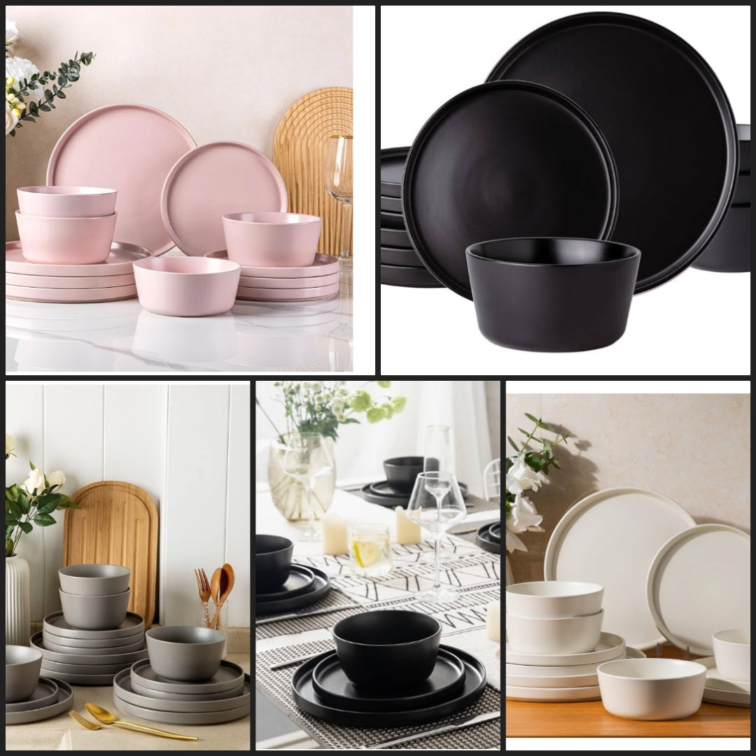Ceramic Dinnerware Sets for 4, Modern Flat Stoneware Plates and Bowls Sets,Chip and Crack Resistant | Dishwasher & Microwave Safe Dishes Set,Scratch Resistant- Service for 4 (12pc)-Matte Pink