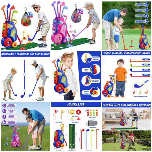 2 In 1 Toddler Golf Set, Upgraded Kids Golf Clubs With 12 Balls, Cornhole Board & Putting Mat, Shoulder Strap, Indoor Outdoor Sport Toys Gift For Boys Girls Aged 1-5 Years Old, Pink.Blue,Golf Set For Kids,Kid Golf Clubs,Golf Set