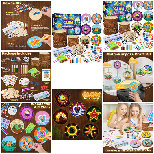 Wooden Painting Kit-Glow in The Dark, Arts and Crafts for Kids Ages 4-up Craft Gifts for Girls Boys with Wood Slices, Craft Kits Craft Supplies Art Projects