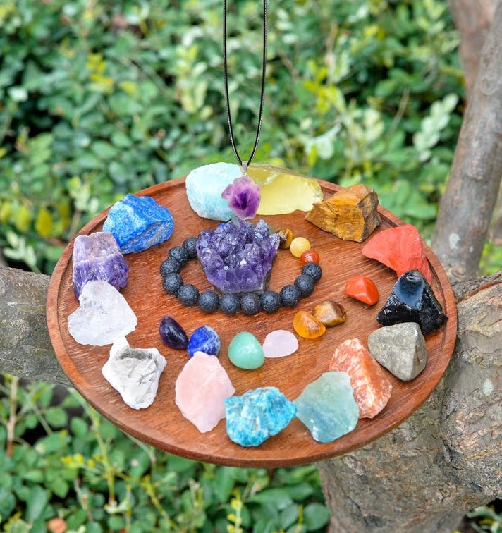26 PCS Crystals and Healing Stones, Healing Crystals Gift Set, 7 Raw Chakra Stone, 7 Tumbled Gemstones, Crystal Amethyst Necklace, Selenite Plate, Lava Bracelet, Clear Quartz, Gift Box