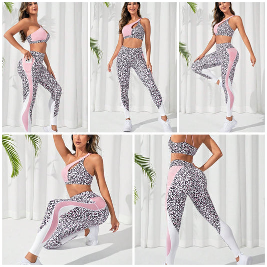 Leopard Print One Shoulder Cut Out Sports Set Workout Set Workout Women Setwomen Workout Set COCOMONEY