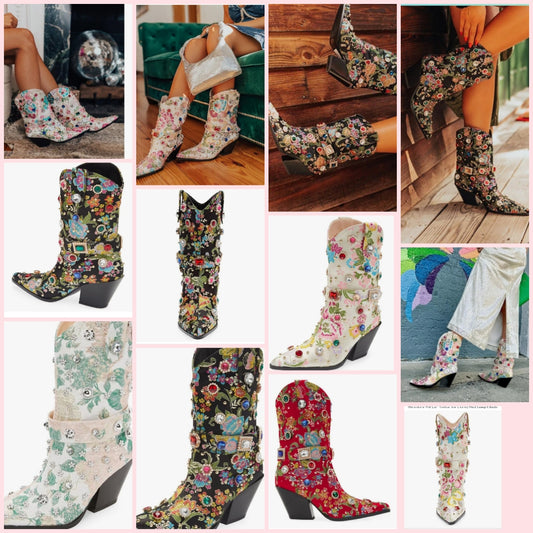 Western Cowgirl Boots For Women Flower Embroidered Rhinestone Mid Calf Pointed Toe Chunky Heel Cowgirl Boots