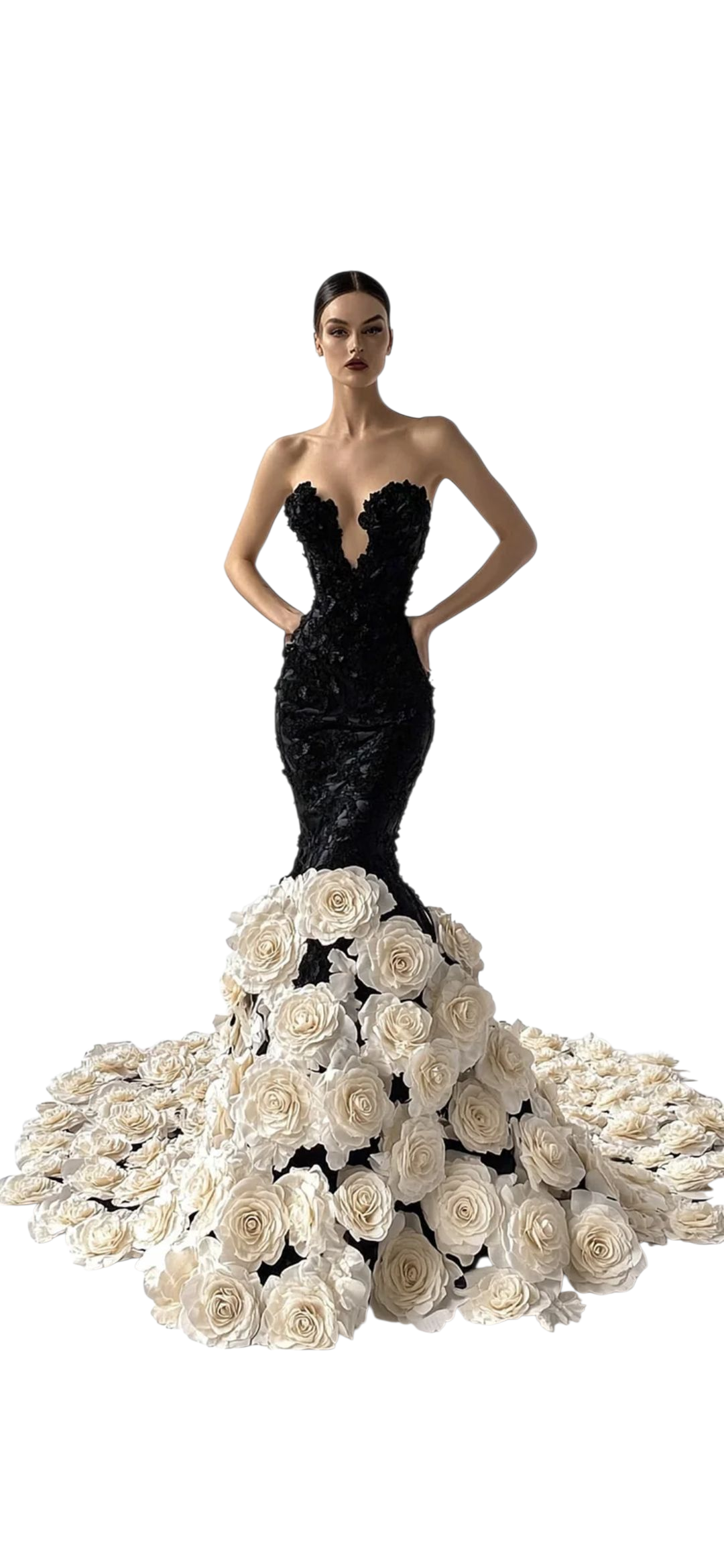 Hand Sewn Stereo Floral Fishtail Maxi Dress-Black [Custom-Made] COCOMONEY