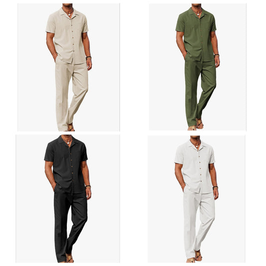 Men 2 Piece Linen Outfit Beach Button Down Shirt Casual Loose Pant Sets