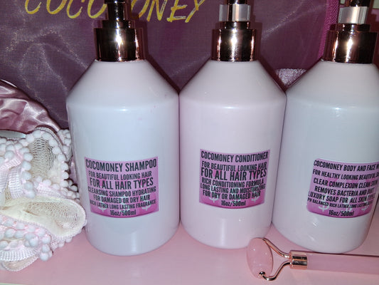 COCOMONEY LUXURY PINK BATH SET SHAMPOO CONDITIONER FACE AND BODY WASH PINK WITH FREE BAG 16oz AND GIFTS packaging may vary