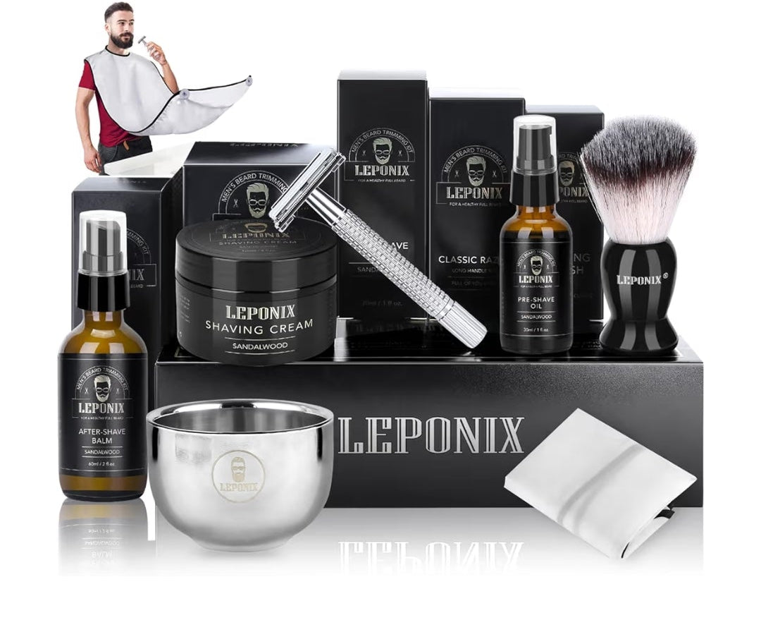 Shaving Kit for Men, Include Safety Razor, Sandalwood Cream, Aftershave, Pre Shave Oil, Shaving Brush and Bowl, Shaving Apron Bib -Unique Gifts for Him Stocking Stuffers