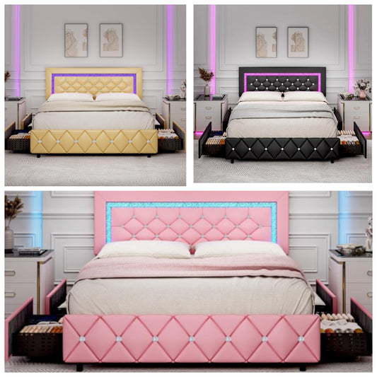 Full Size Bed Frame with LED Lights, Upholstered Bed Frame with Storage Drawers, Princess Platform Bed with Diamond Headboard and Footboard, No Box Spring Needed,