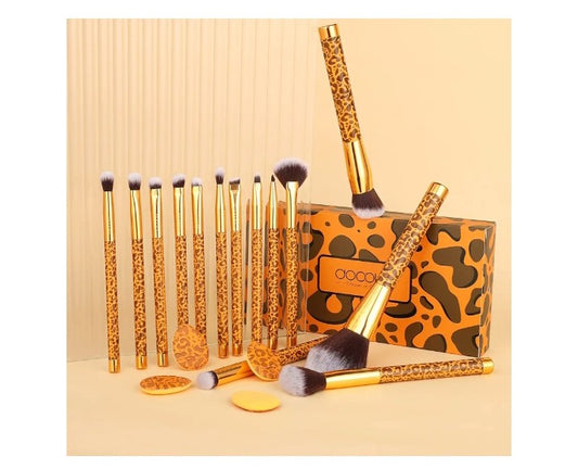 Makeup Brushes Leopard 14pcs Premium Synthetic Foundation Powder Concealers Eye shadows Blush Makeup Brush Set with 4pcs Makeup Puffs