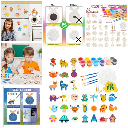 30 Wooden Magnet Painting Craft Kit, Paint Your Own Easter Art and Craft Supplies, Basket Stuffers Party Favors for Boys Girls, Classroom Prize Goodie Bag Gifts for Kids 4-up