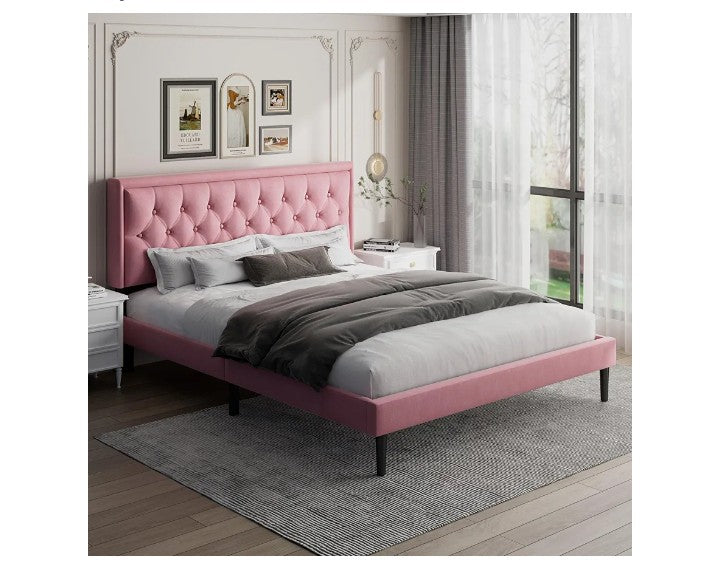 Bed Frame with Linen Button Tufted Headboard, Modern Upholstered Platform Bed, Mattress Foundation, Easy Assembly, No Box Spring Needed,