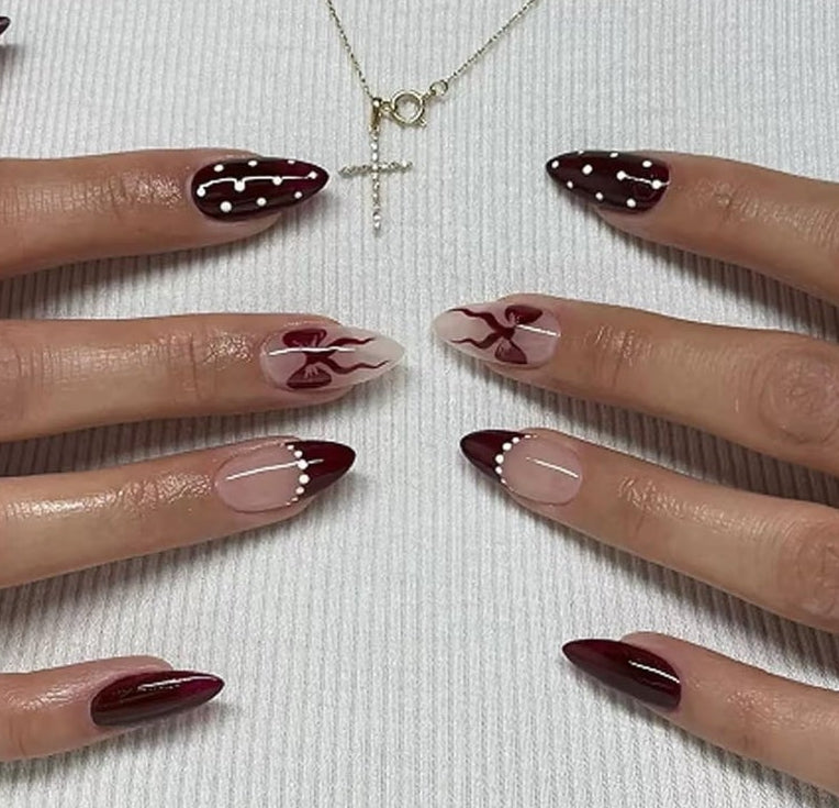 6 Packs (144 Pcs) Press on Nails Medium Almond Fake Nails with Designs Polka Dot Glue on Nails Cute False Nails Full Cover Glossy Acrylic Stick on Nail for Women Girls Manicure