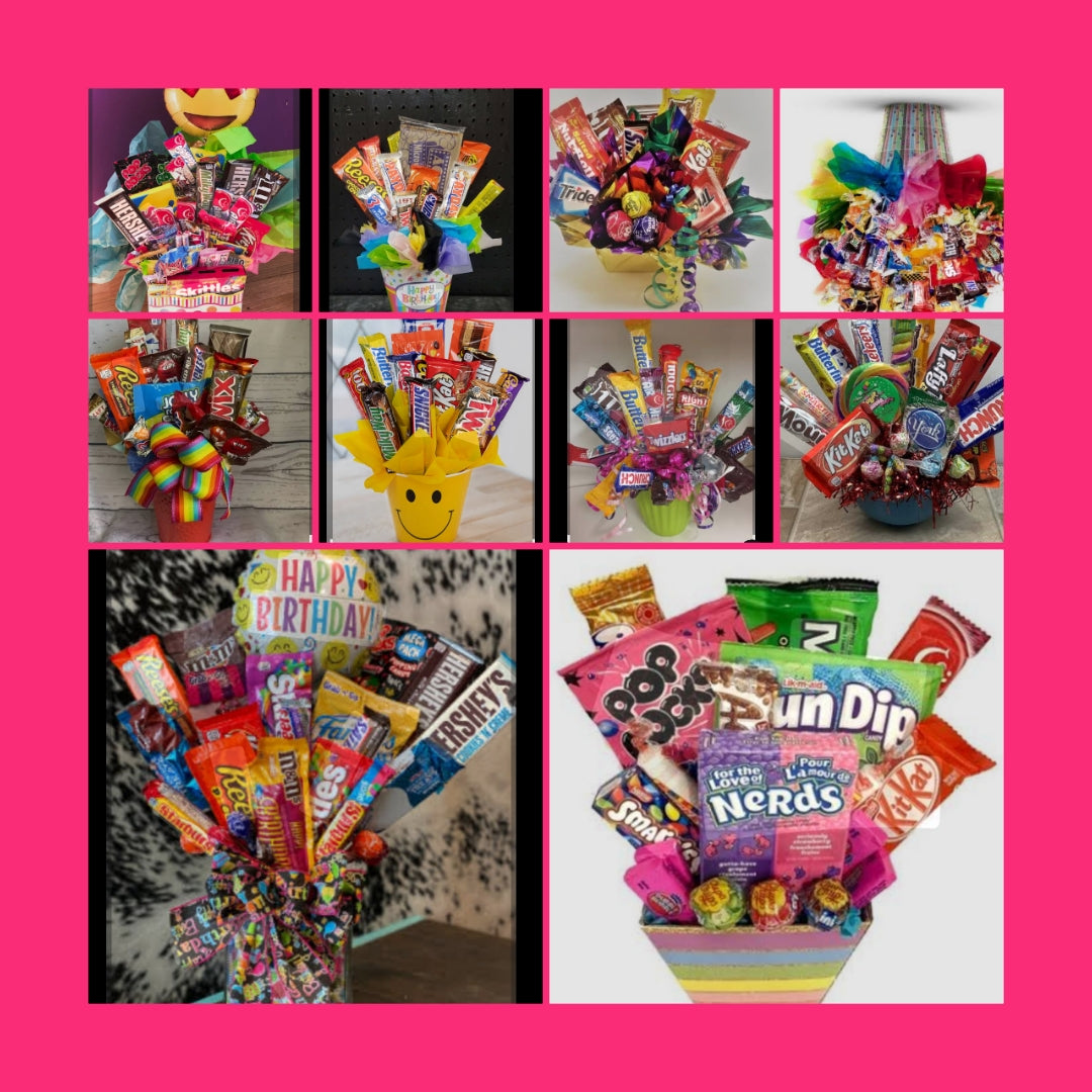 CUSTOM Candy Gift baskets, Gift bags, Gift boxes, Gift buckets, Gift vases, and more