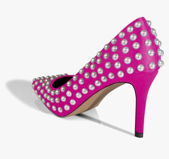 Sexy Stiletto High Heel Pumps Chic Pearl Studded Slip-on Shoes Satin Pointed Toe Fashion Dress