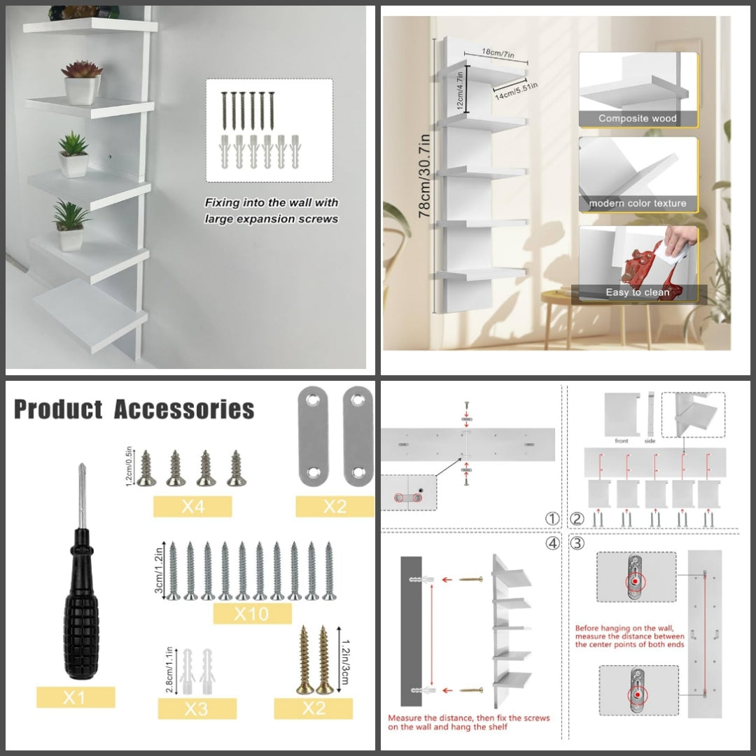 5 Tier Wall Shelf Unit - Narrow Smooth Laminate Finish - Vertical Column Wall Decor Mount Floating Storage Home Decor Organizer Tall Tower Utility Shelf for Bedrooms, Living room