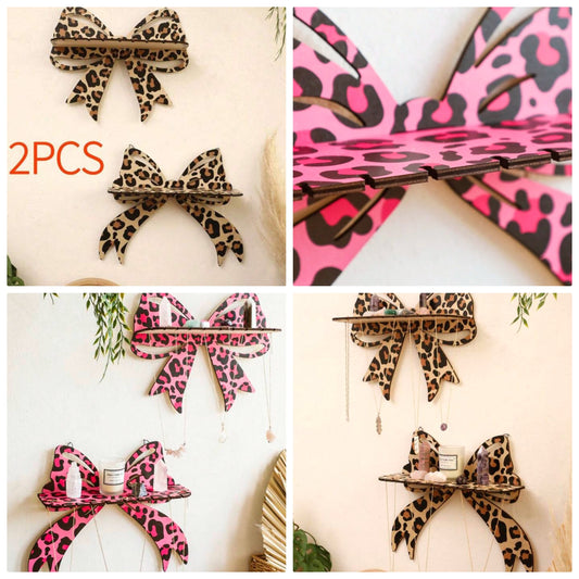 2pc Leopard Bow Wall Shelf – Wooden Crystal Display Stand With Hooks, Decorative Hanging Jewelry Holder For Bedroom, Living Room, Or Vanity, Leopard Print Design,Home Decor ,Room Decor,Wall Decor