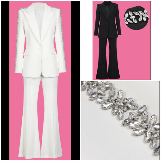 COCOMONEY Lapel Collar Rhinestone Flare Leg Two Piece Pant Set-White or Black