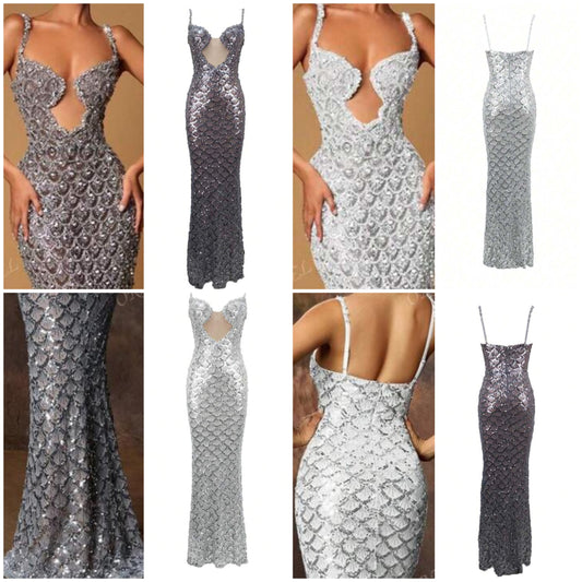 Glamorous Sequin Patchwork Deep V-Neck Sleeveless Evening Gown COCOMONEY