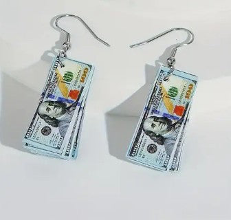 MONEY EARRINGS HUNDRED DOLLAR BILL PAPER MATERIAL