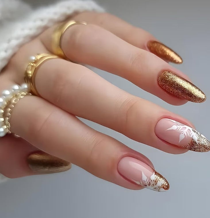 6 Packs (144 Pcs) Christmas Press on Nails Medium Almond Fake Nails Winter Xmas False Nails with Designs Snowflake Glue on Nails Full Cover Glossy Acrylic Stick on Nail for Women Girls Manicure