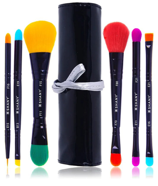 Vegan Makeup Brushes - LUNA - 6 PC Double Sided Travel Make up Brushes with 12 unique Bristles - with Brush storage Pouch - Synthetic