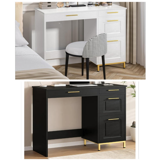 Desk with Drawers, 43” Home Office Desk with Storage, Golden Handle for Bedroom, Black and Gold Desk Study Writing Desk for Small Space