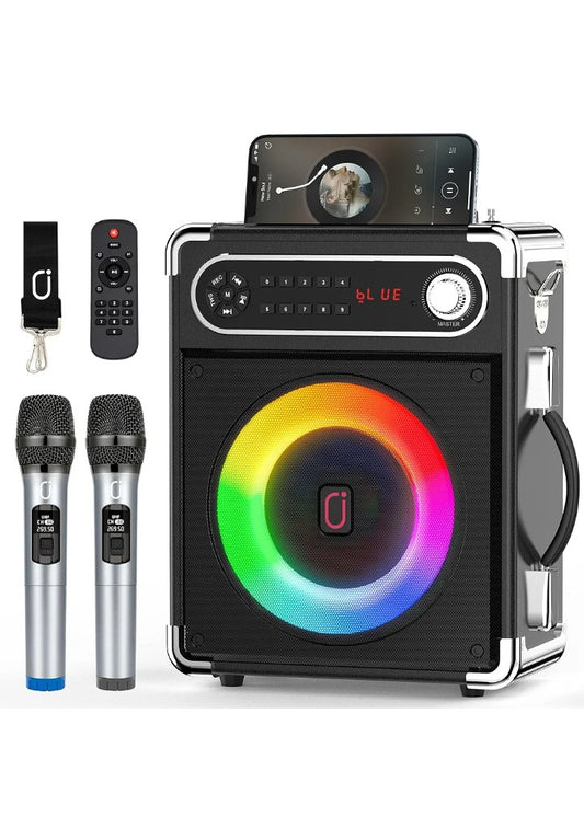 JYX Karaoke Machine with Two Wireless Microphones, Portable Bluetooth Speaker with Bass/Treble Adjustment, PA System with Remote Control, LED Lights,Supports TF Card/USB, AUX IN, FM, REC,TWS for Party