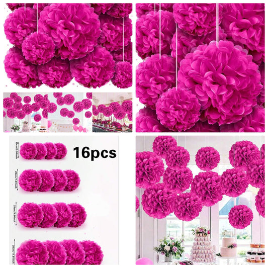 16pcs Pink Tissue Pom Poms Party Decorations paper, holiday event