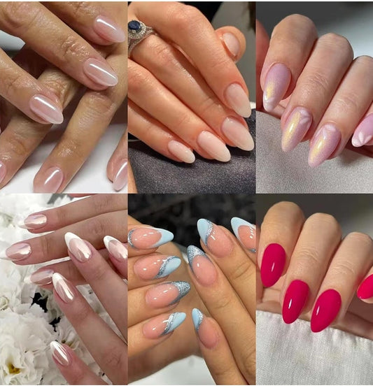 6 Packs (144 Pcs) Press on Nails Almond,Pink Press on Nails Medium,Short Almond Press on Nails,French Tip Fake Nails,Ombre Glue on Nails,Gel False Nails for Women, Stick on Nails Kit 12 styles