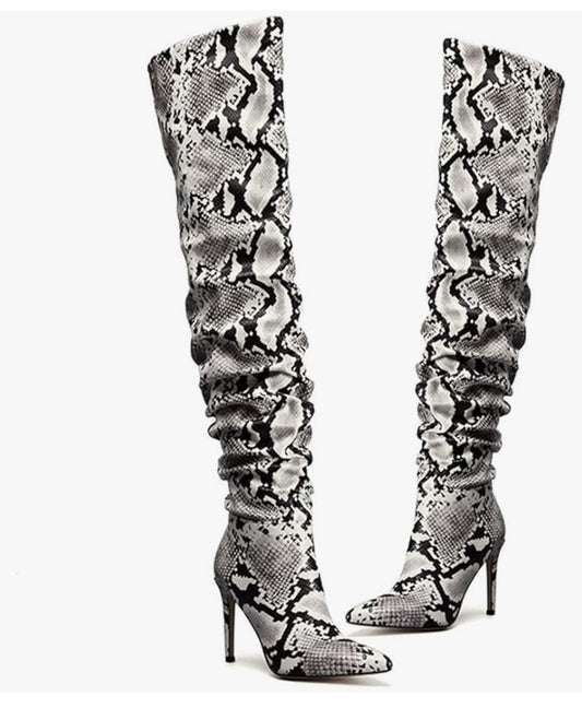 Snakeskin Boots Knee High Boots Women Sexy Stunning and Stylish Exquisite Pointed Toe Fine High Heels Pleated