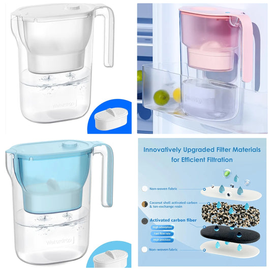 Water Filter Pitcher with 1 Filter, 5X Times Lifetime, Lasts 200 Gallons, for Fridge, Countertop and Gift, Reduces PFOA/PFOS, Chlorine, 7-Cup Capacity, Elfin,